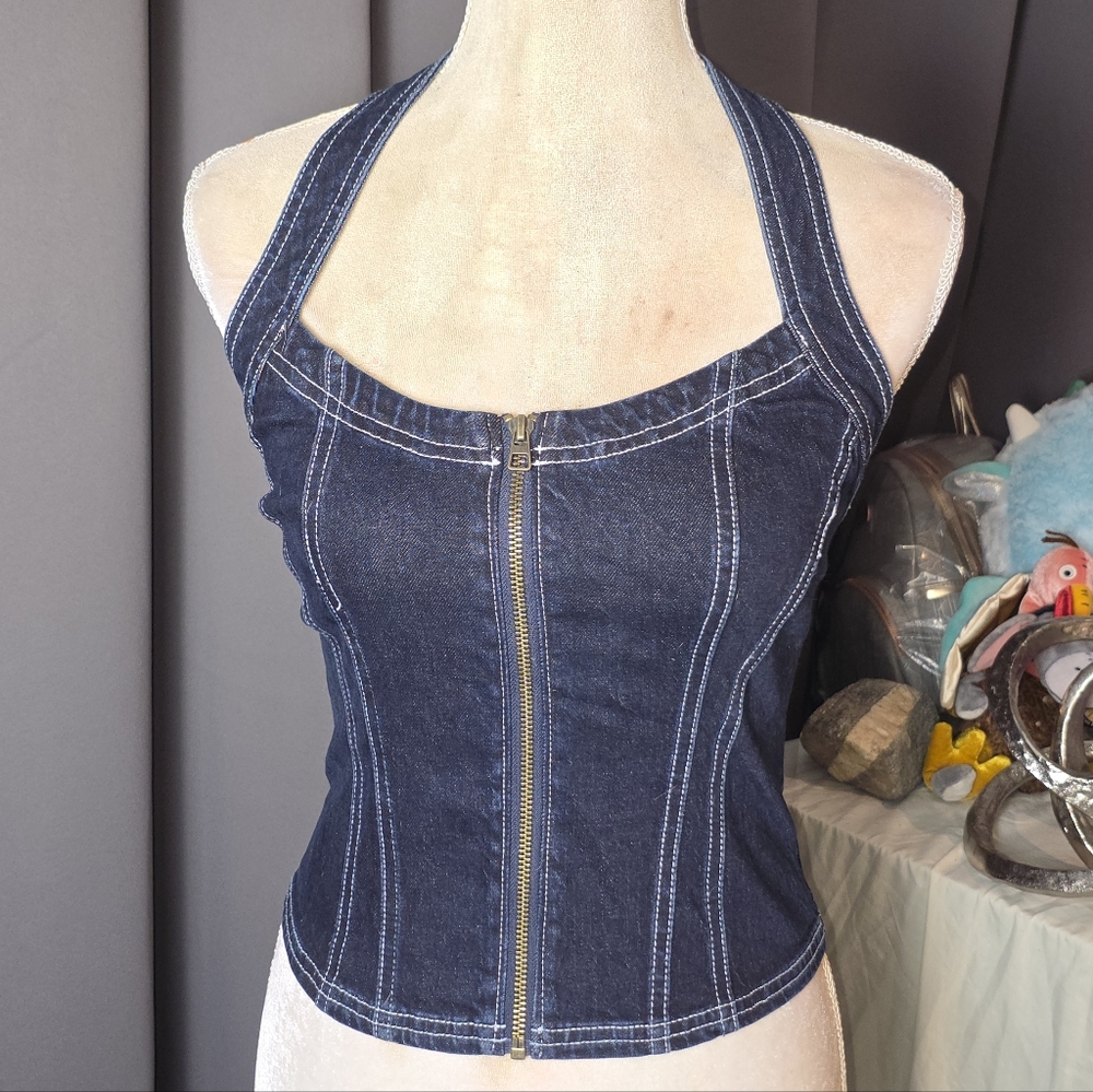 Pilcro Anthropologie Denim Corset Halter Top Small NWT Zip Front Bustier Blue